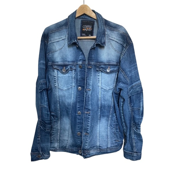 COPPER RIVET Denim Factory Distressed Jean Jacket Blue with Fade Men’s Size 3X. - Picture 2 of 16